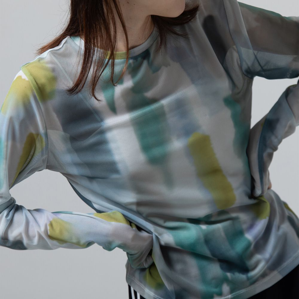 水彩畫風透膚休閒長袖上衣-水藍x綠系