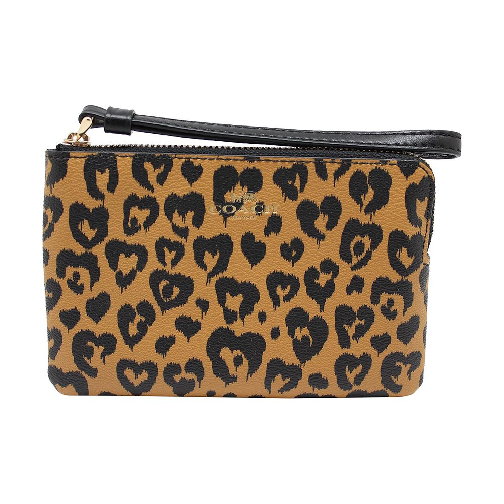 印花皮革L型拉鍊手拿包 (愛心豹紋)