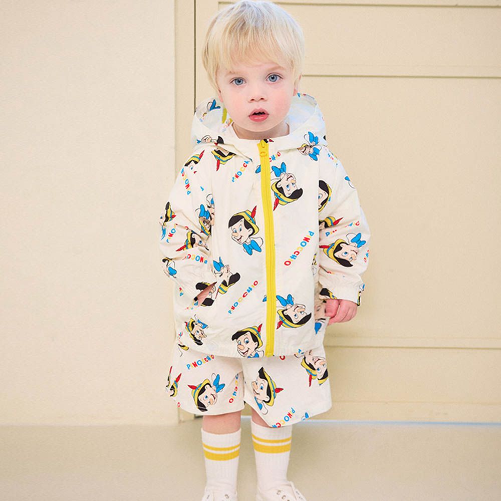 (聯名款)卡通小木偶長袖連帽外套X短褲套裝-米白