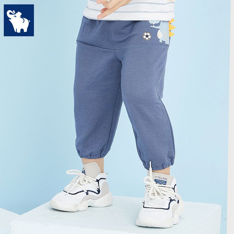 立體圖樣束口長褲/防蚊褲-恐龍踢足球-深藍色