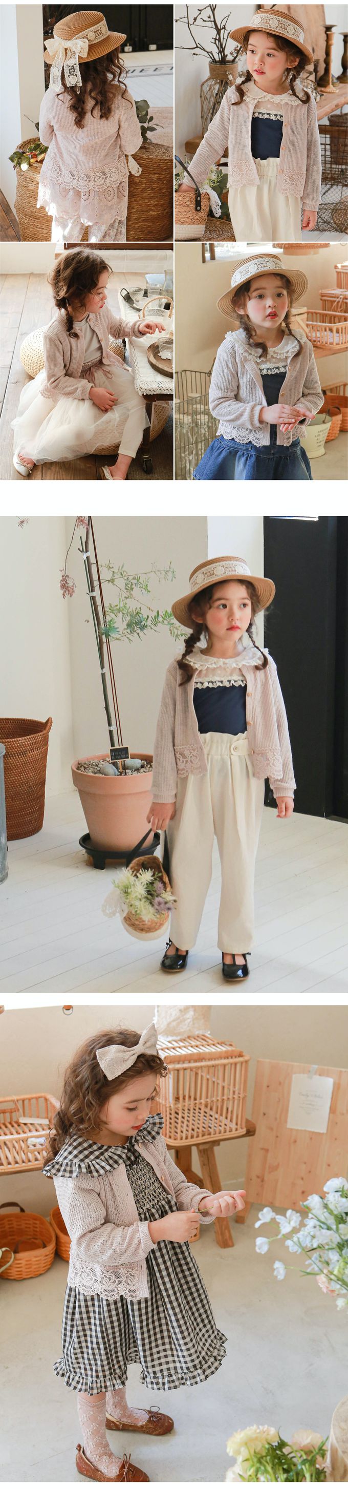 韓國 Puellaflo - 下擺蕾絲裝飾圓領針織外套-藕粉