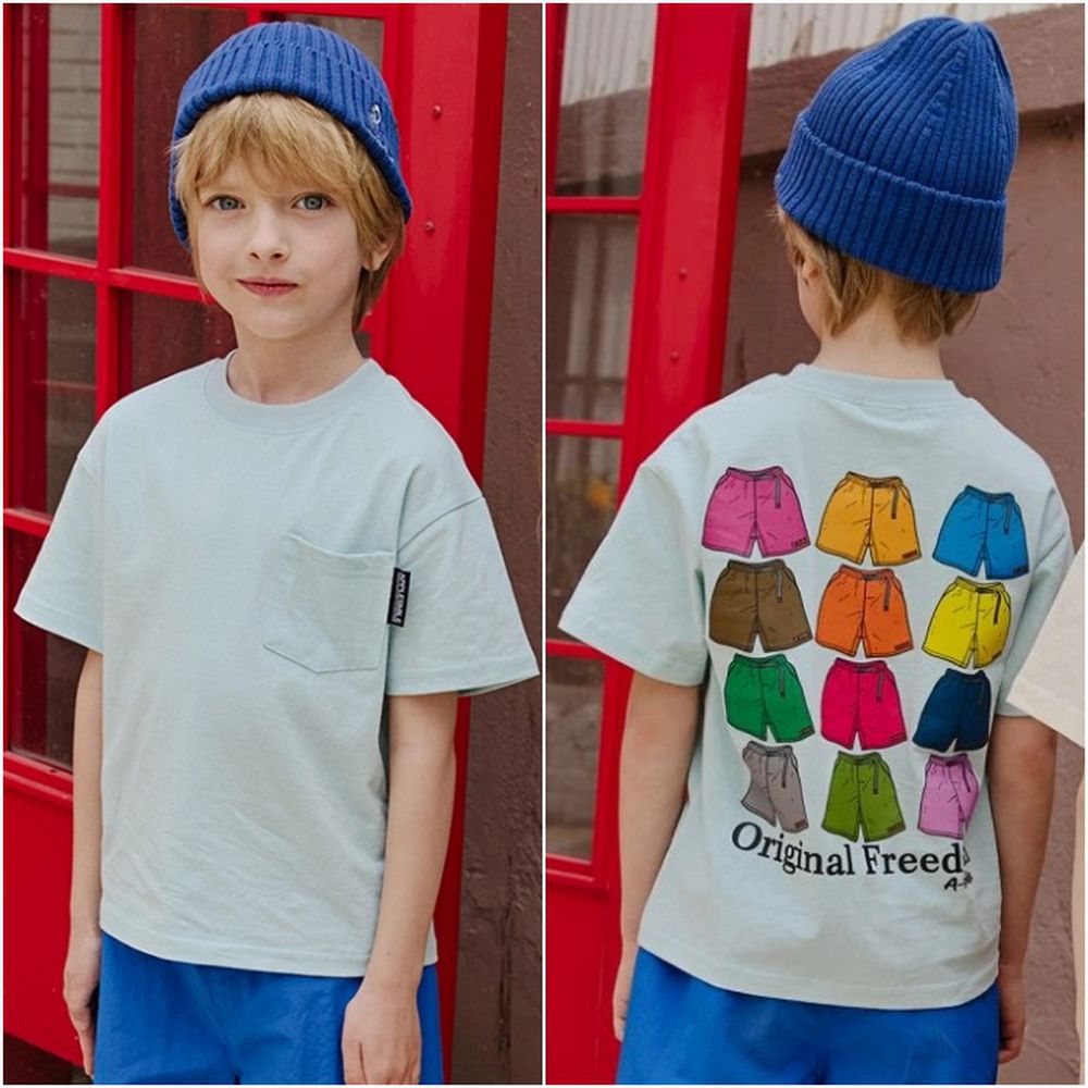 APPLE SMILE 後背繽紛褲圖案純棉短袖上衣-淺薄荷藍