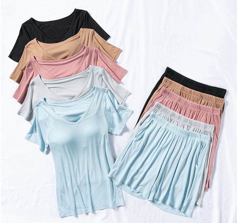 螺紋莫代爾Bra T 短袖家居服套裝-短褲款-豆沙粉