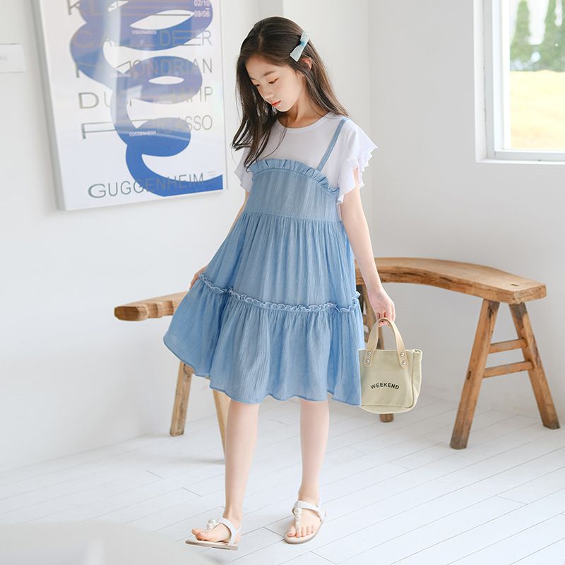 假兩件式拼接蛋糕裙洋裝-藍+白