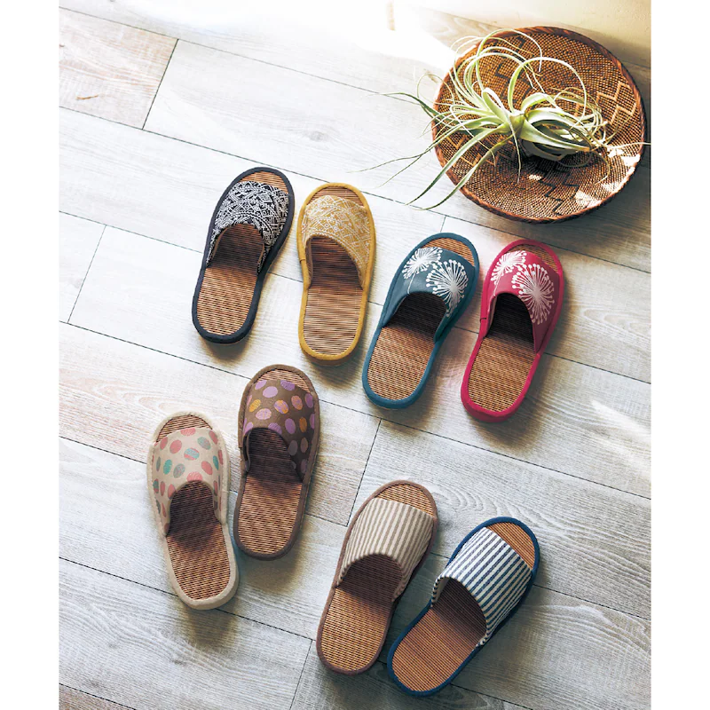 日本千趣會 - 涼爽棉麻竹編室內拖鞋-點點-咖啡