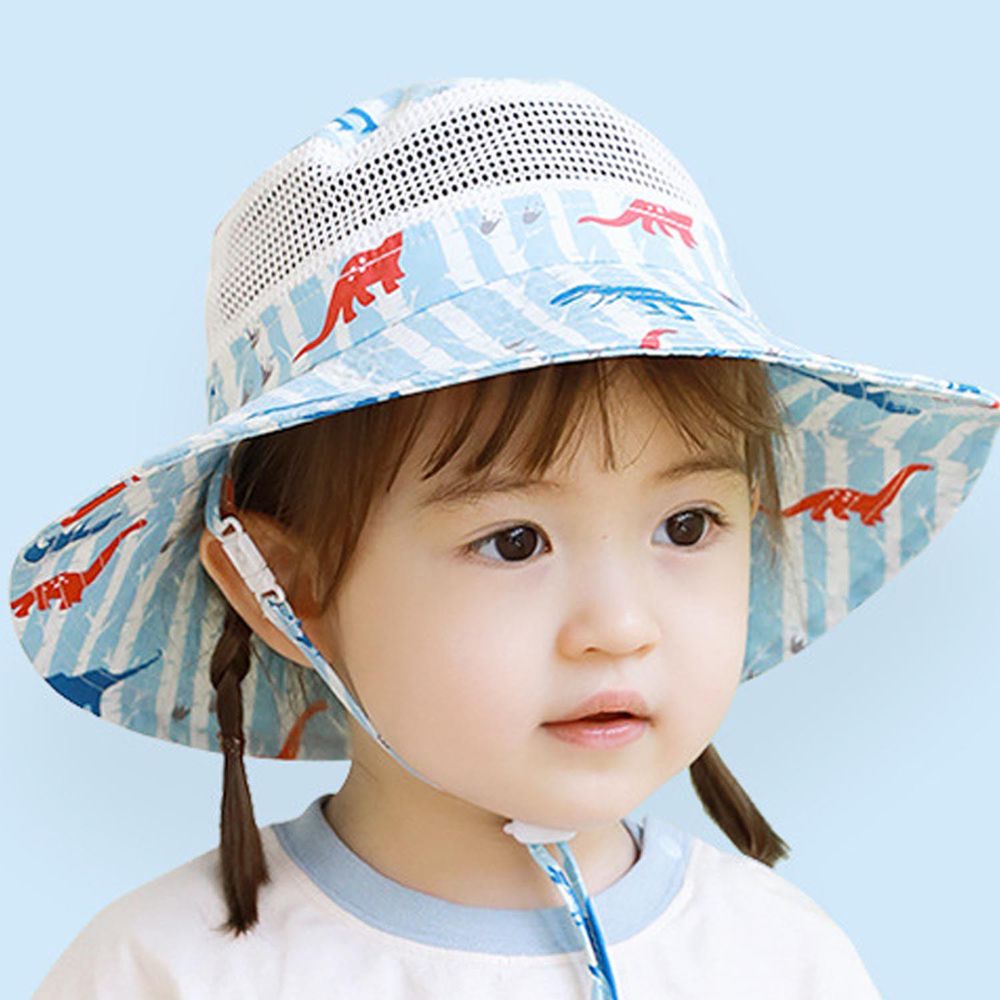 可調節兒童大帽簷防曬遮陽帽-小恐龍-淺藍+白