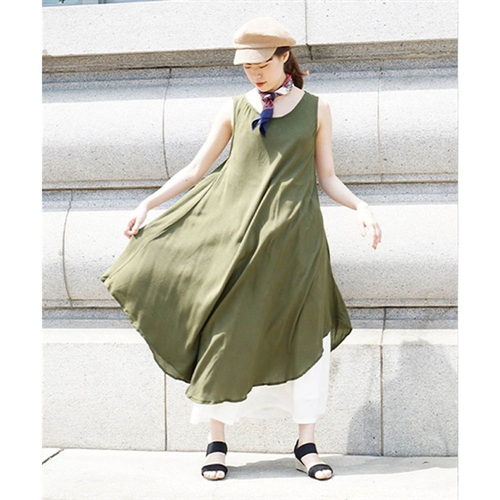 日本 zootie - 嫘縈涼感不規則裙擺無袖洋裝-橄欖綠