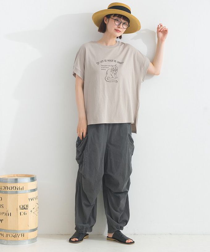 日本 Lupilien - 16OE天竺棉 貓咪印花短袖上衣-炭灰