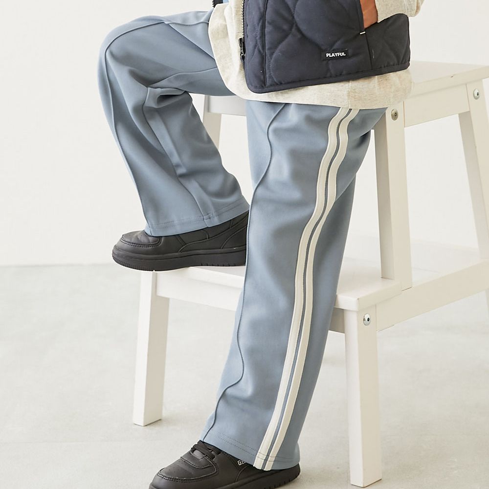 打褶側線條運動風休閒寬褲-霧藍