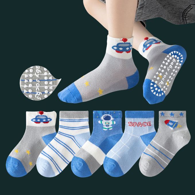 宇宙蔚藍太空人火箭防滑點膠網眼短筒棉襪
