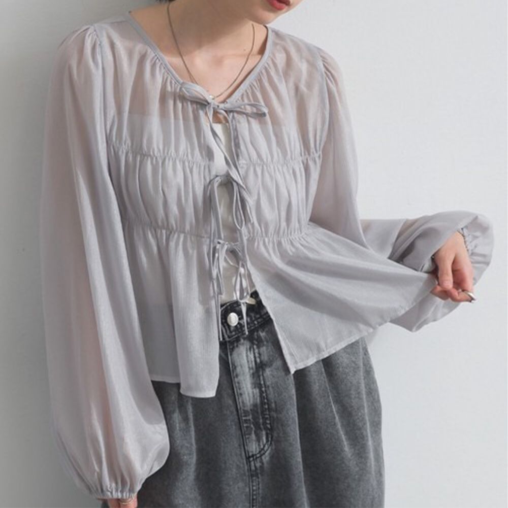 前後2way高雅光澤楊柳紗長袖上衣-淺藍灰