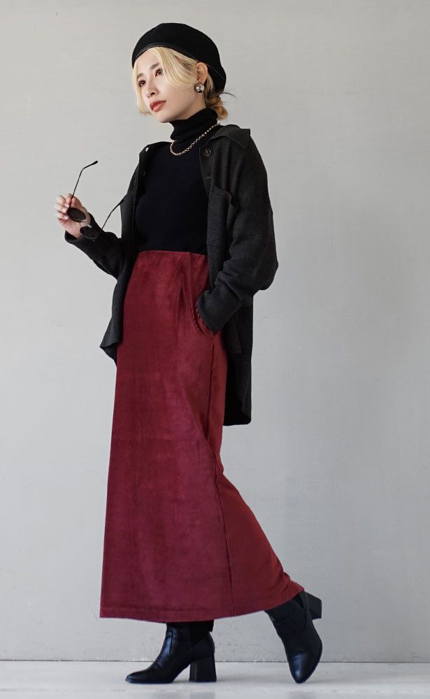 日本 zootie - 燈芯絨絲滑光澤感鉛筆窄裙-酒紅