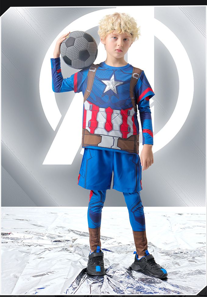 卡通造型假兩件運動套裝(送面具)-卡通人物美國隊長-藍色