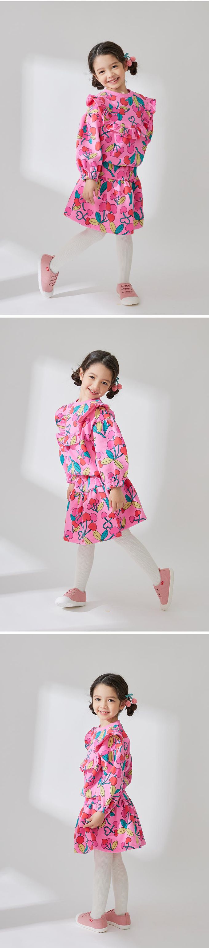 韓國 OZKIZ - 愛心櫻桃內磨毛長袖短裙套裝-桃粉