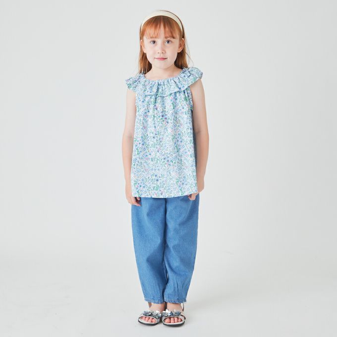 日本 evercloset - 滿版花荷葉領無袖上衣-黃系