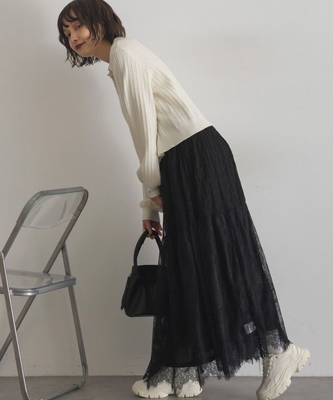 日本 ELENCARE DUE - 奢華睫毛蕾絲飄逸長裙(2件式)-白