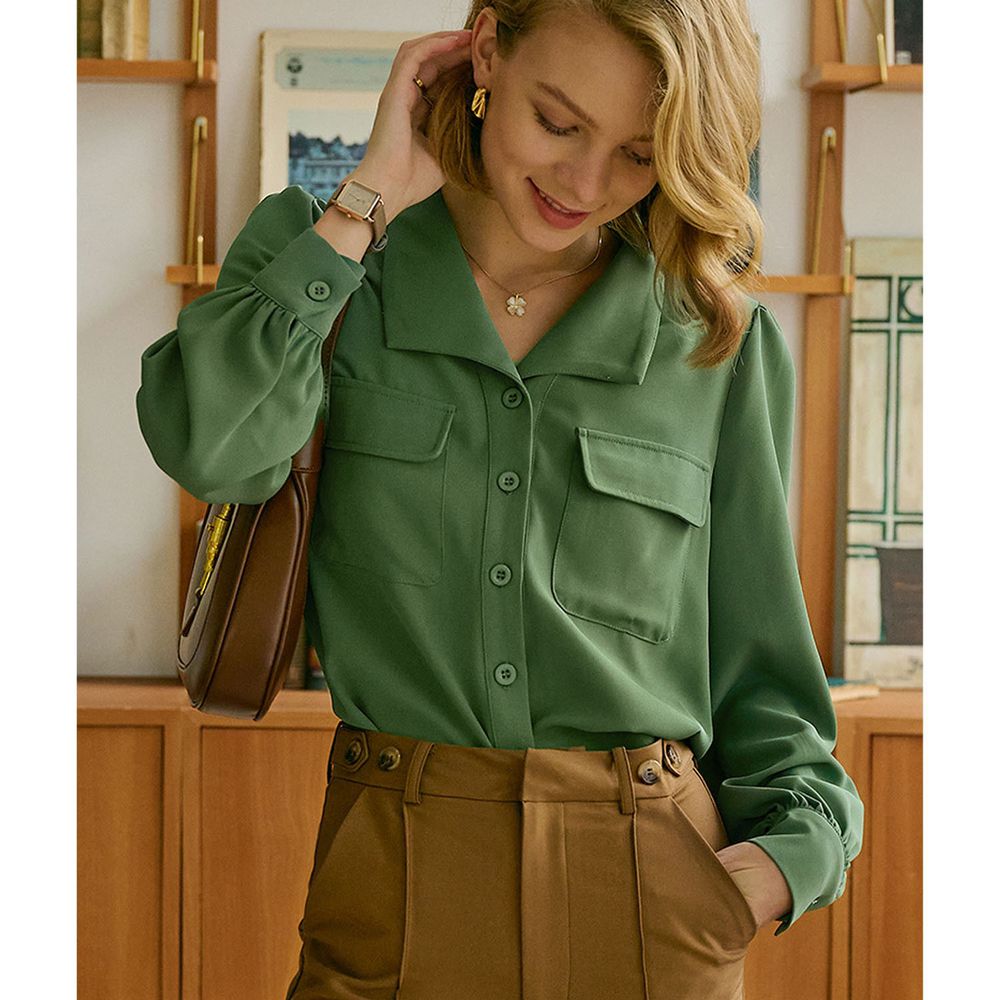 復古棉質口袋長袖襯衫-抹茶綠