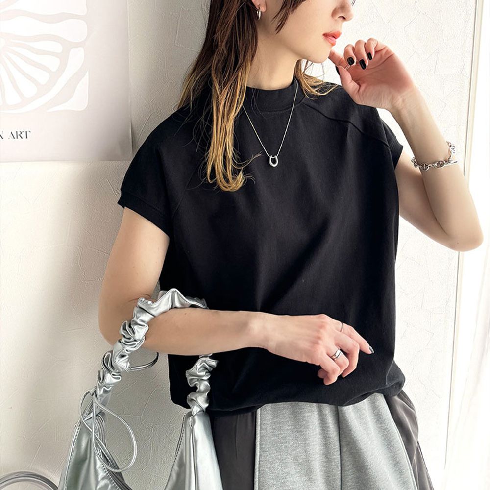 美國棉 典雅小立領法式袖上衣(下擺抽繩)-黑