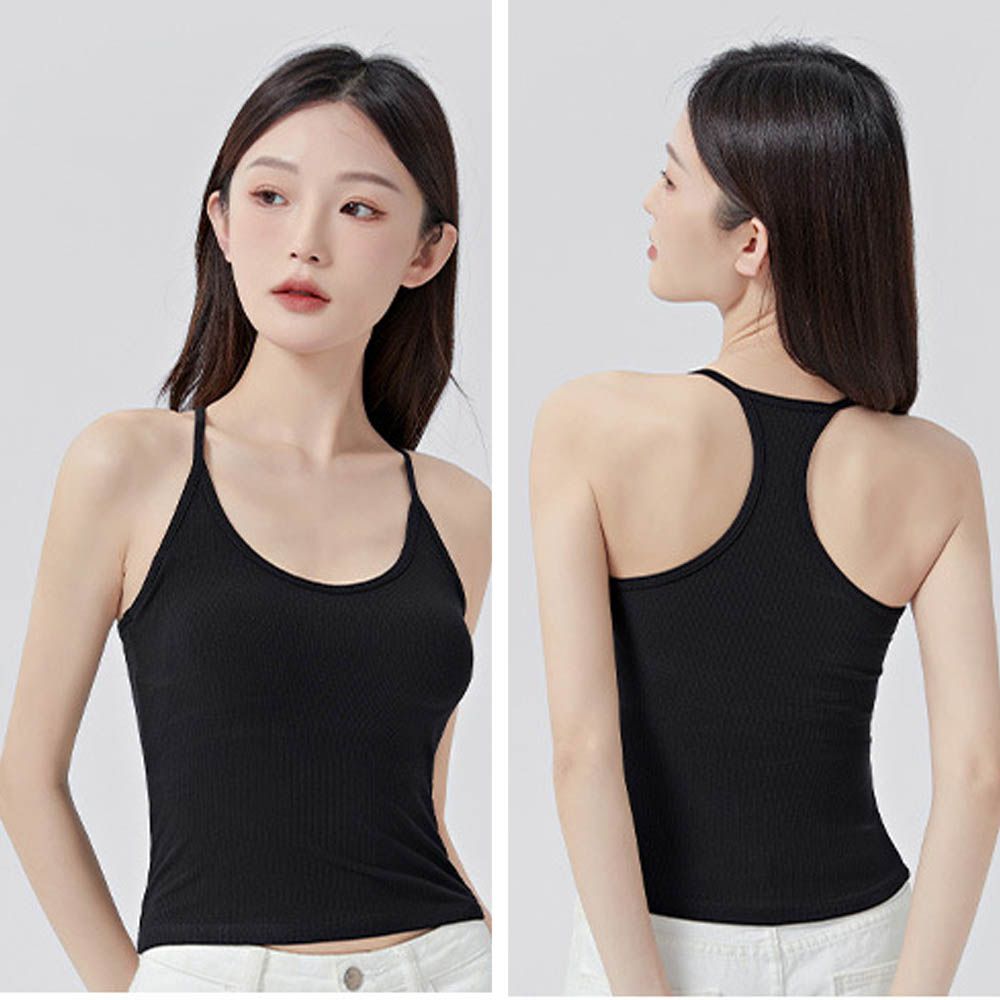 細肩帶挖背BRA TOP/附罩杯上衣-黑色