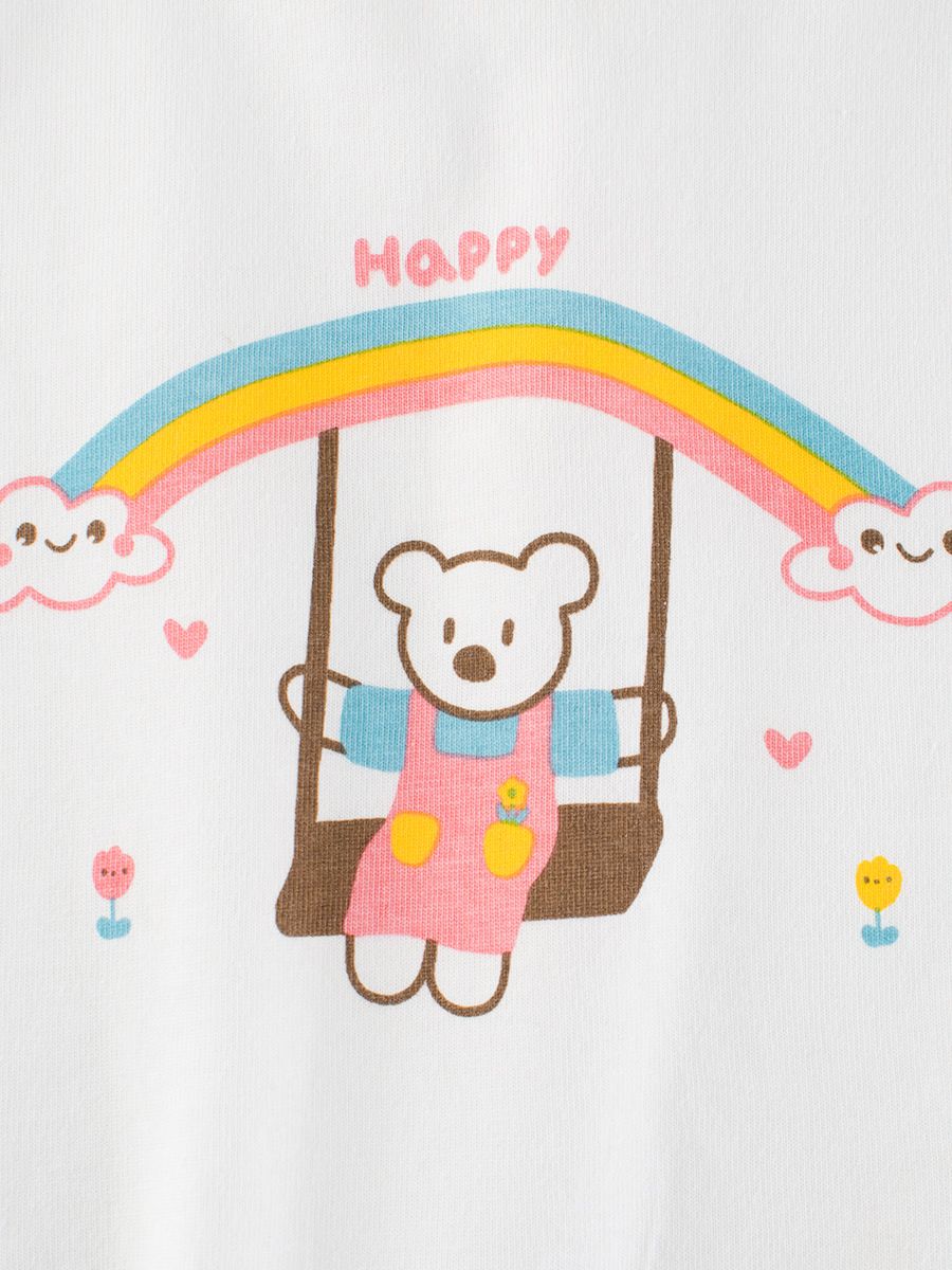 純棉圓領薄長袖上衣-熊熊與彩虹鞦韆-米白+粉