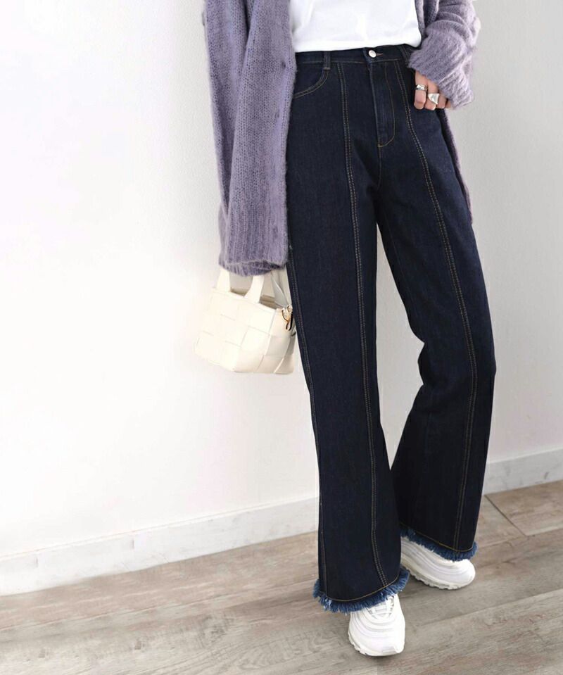 日本 Classical Elf - 顯瘦美腿彈性微喇叭長褲-丹寧藍