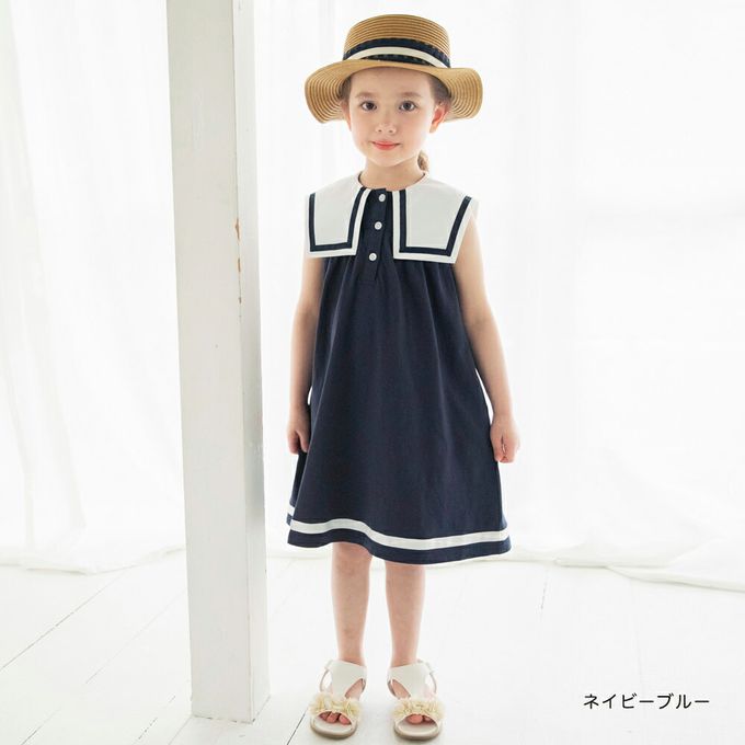 日本 BRANSHES - 夏日水手領背心洋裝-條紋-白