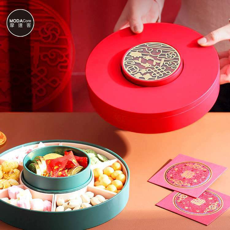 MODACore 摩達客 - 農曆春節◉開運大紅宮廷圓形精緻糖果盒水果盤聚寶盆