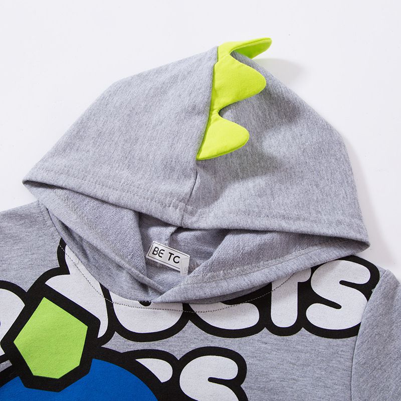 純棉立體連帽長袖上衣/帽T-傻傻恐龍-藍色