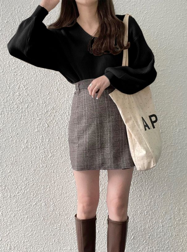 日本 GRL - 修身V領澎袖針織上衣-清新綠 (F)