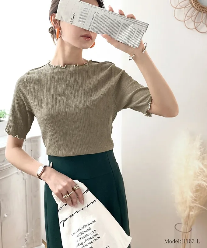 日本 Classical Elf - 氣質紋理木耳邊短袖上衣-黑