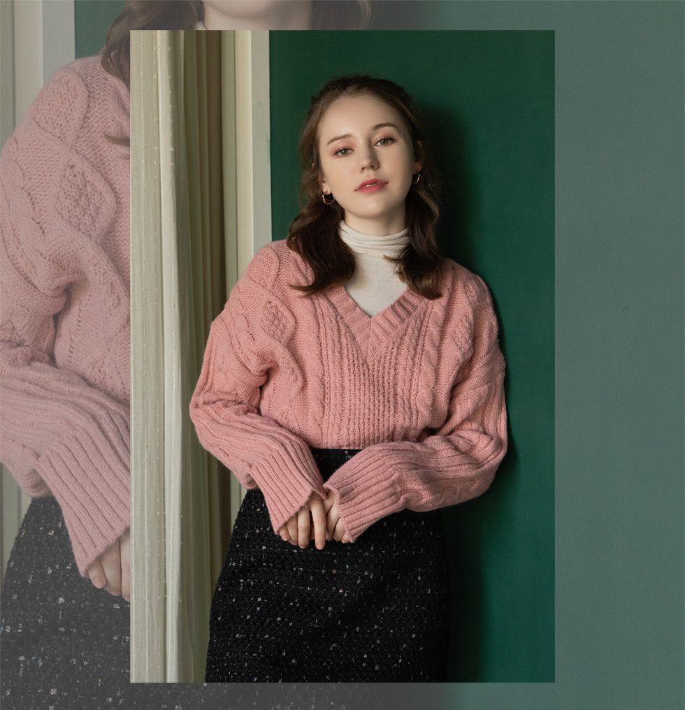 韓國 SOUP - V字紋路針織毛線衣-淺灰 (Free)