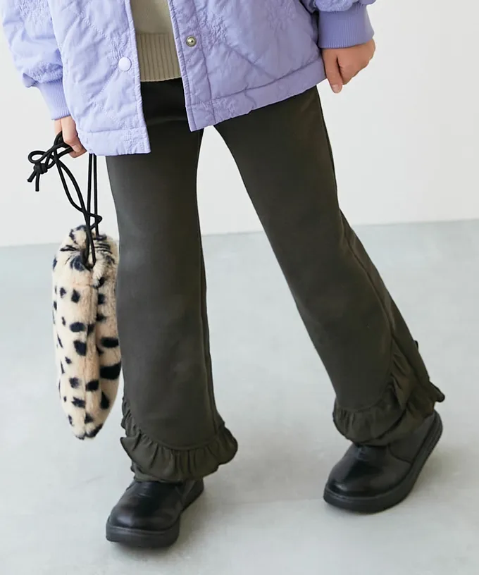 日本 devirock - 可愛設計荷葉邊裏毛長褲-側邊-炭黑