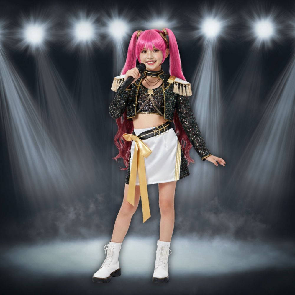 精裝版K-Pop女團打歌造型服M款-萬聖節變裝服-外套+背心+打底褲+短裙+腰帶+緞帶腰繩+掛腰墜飾+頸鏈 (不含假髮+鞋子)