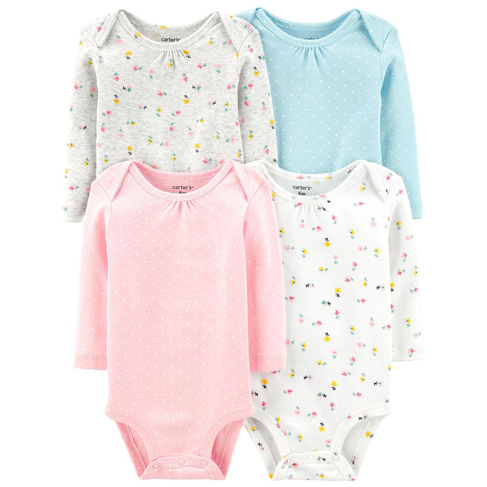 美國 Carter's - 嬰幼兒100%純棉長袖包屁衣四件組-點點小花