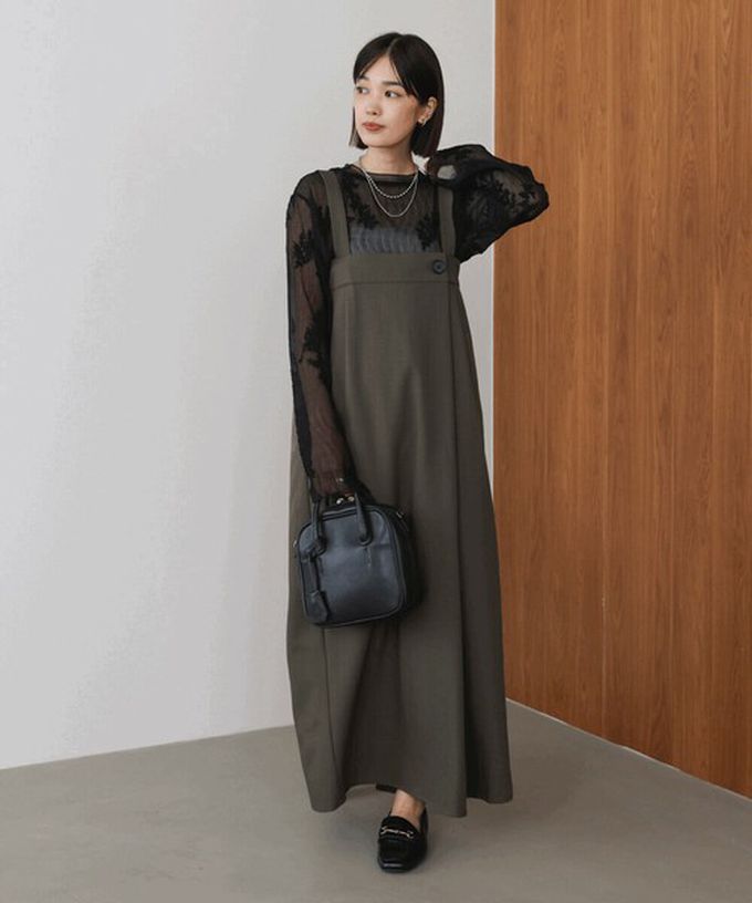 日本 Bab - 斜紋布優雅摺線工裝風吊帶裙-黑