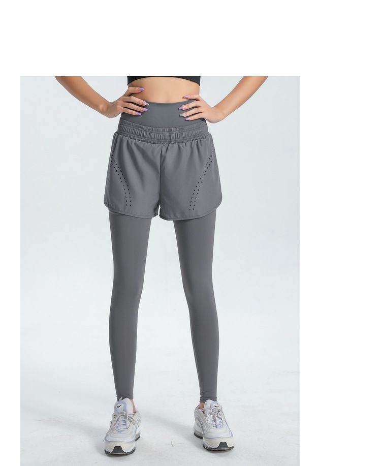 大碼高腰收腹假兩件防走光瑜珈褲-黑色