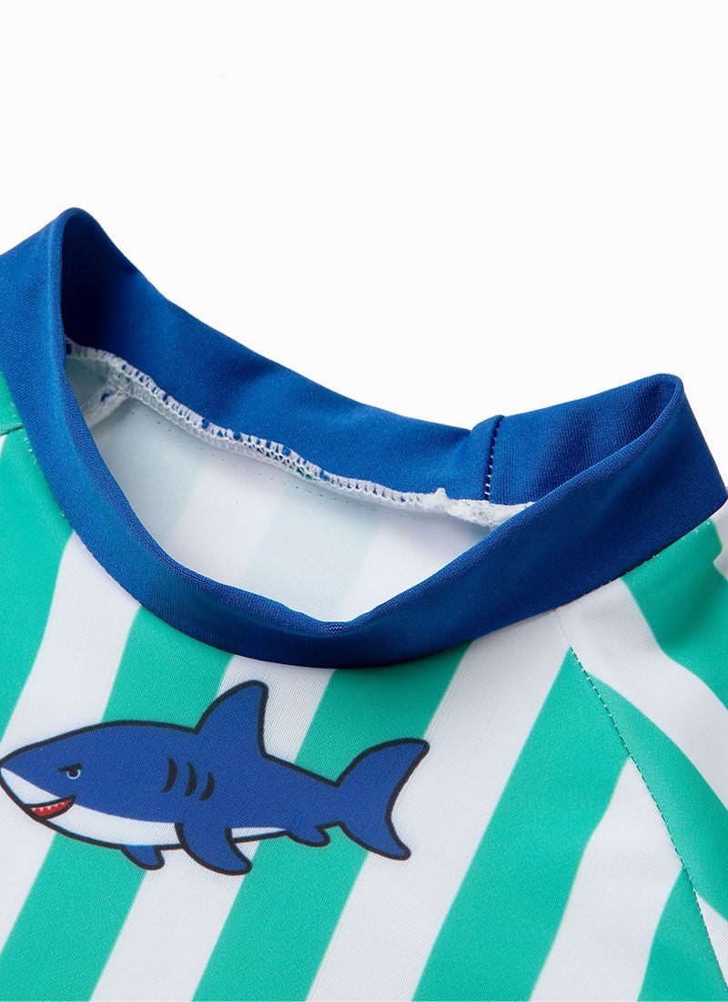 韓國 OZKIZ - 抗UV防曬兒童泳裝-三件組-條紋鯊魚
