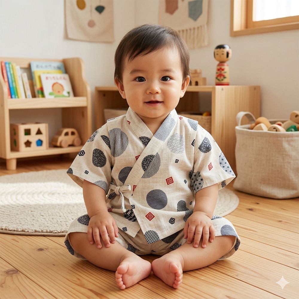 幼兒兩件式甚平-圓形和風圖案-米白色