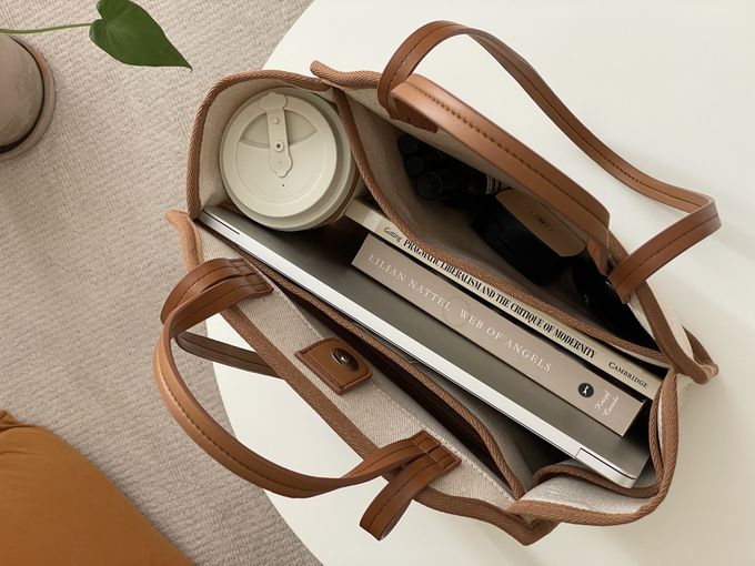 韓國 THEALLY - (附小袋)質挺帆布方包手提/肩背包-焦糖咖 (大)