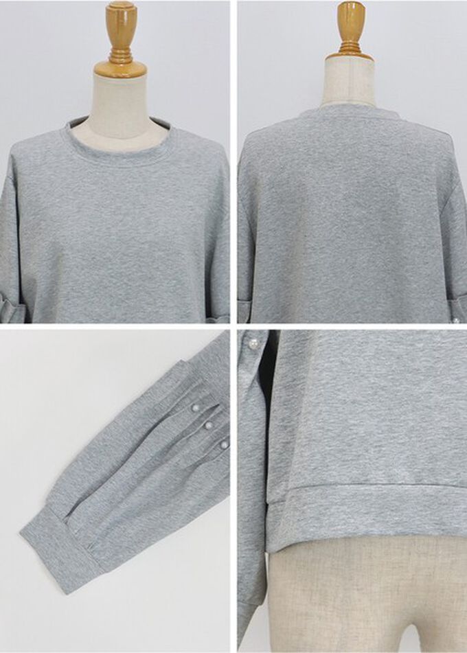 日本 BLUE EAST - 可愛珍珠皺摺造型寬版長袖上衣-淺灰