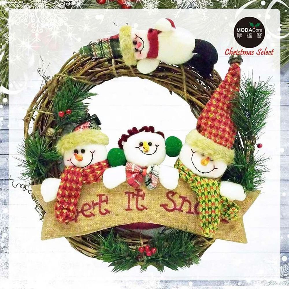 MODACore 摩達客 - 耶誕-13吋聖誕雪人家族麻布樹藤花圈(輕巧免組裝)佈置聖誕禮物