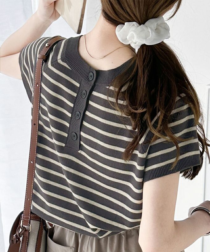 日本 Classical Elf - 定番條紋2way亨利領短袖上衣-黑白