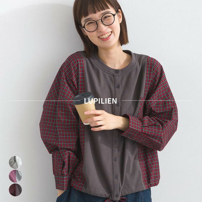 日本 Lupilien - 可愛格子拼接裏毛休閒襯衫-黑白