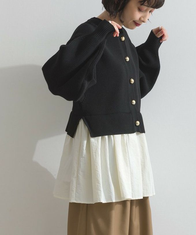 日本 ELENCARE DUE - 羅紋針織美型金扣層次長袖上衣-炭灰