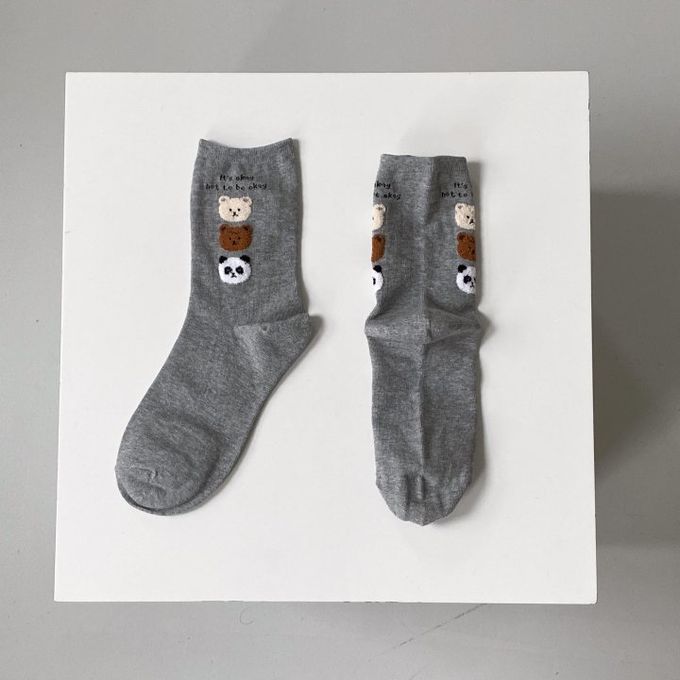 韓國Marian - 三隻毛毛熊中筒襪-棕色 (Free)