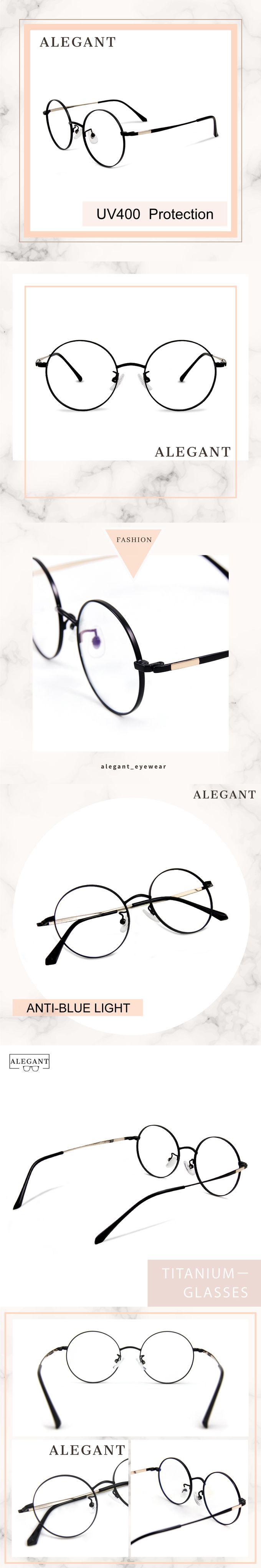 ALEGANT - 玄黑微霧光輕量鈦金屬緞面北歐質感圓框UV400濾藍光眼鏡