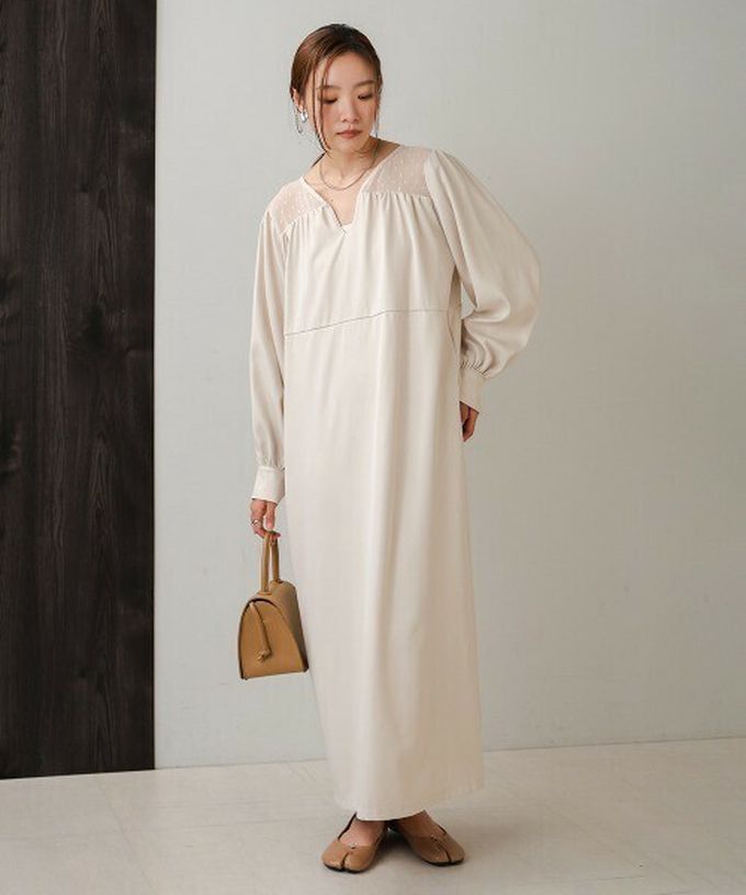 日本 Bab - 優雅蕾絲拼接背綁帶長袖洋裝-駝色