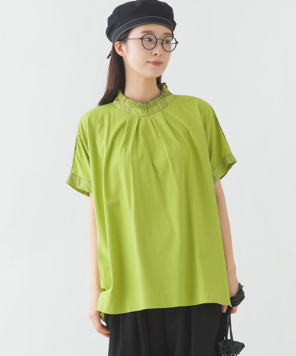 日本女裝代購 - 100%印度棉格紋拼接短袖上衣-深藍