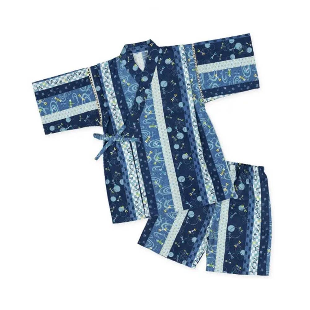 100%棉 夏季限定甚平短袖套裝-蜻蜓-深藍