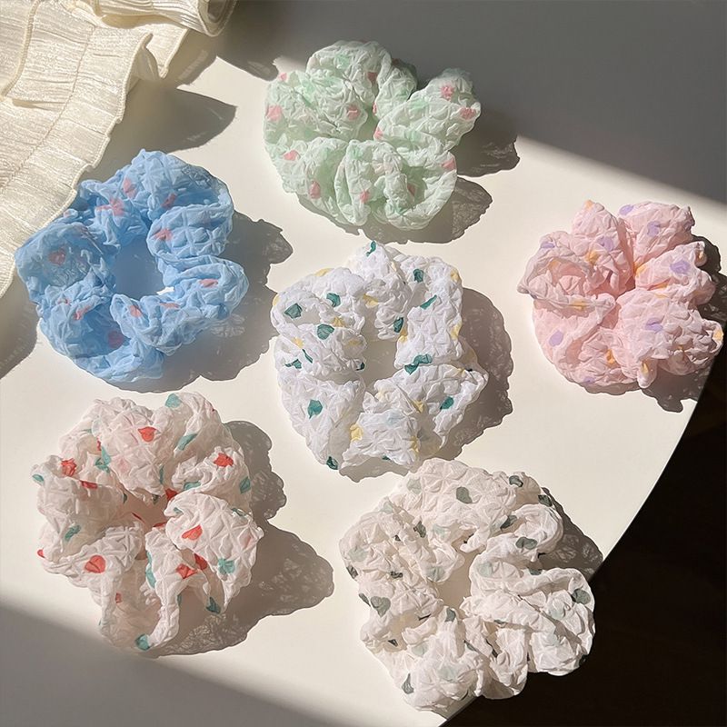 皺摺感小清新布藝大腸圈/髮圈-圓點-白色